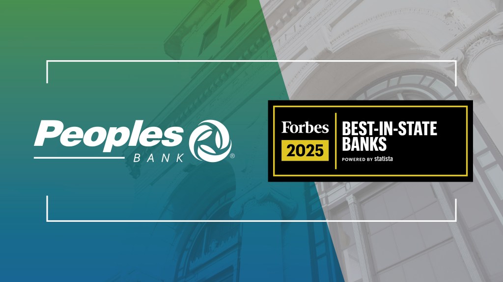 Peoples Bank logo and Forbes Best-in-State Banks Powered by statista logo. Peoples Bank corporate headquarters shown in the background.