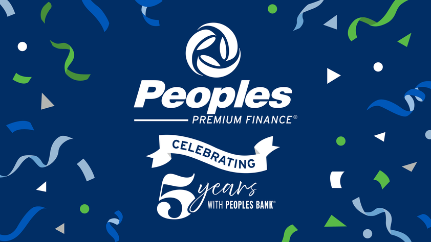 Peoples Premium Finance logo (top) celebrating 5 years with Peoples Bank. Image bordered with confetti.