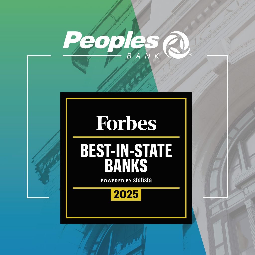 Peoples Bank logo and Forbes Best-in-State Banks Powered by statista logo. Peoples Bank corporate headquarters shown in the background.