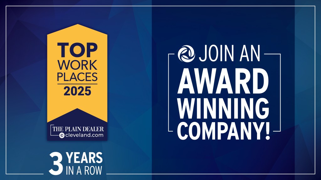 Top Workplaces 2025 by the Plain Dealer and cleveland.com logo (left). Join an award-winning company! (right).