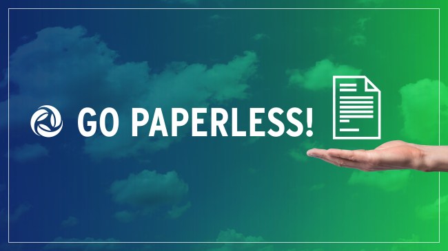 Peoples Bank icon with Go Paperless! text. A hand is held out with a paper icon in its palm.