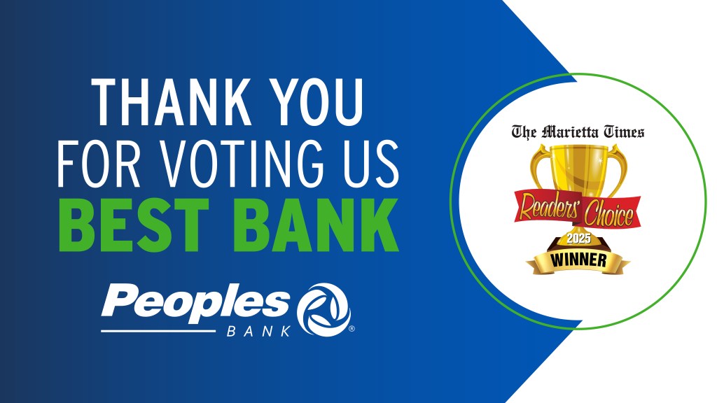 Thank you for voting us Best Bank text on the left with the Peoples Bank logo on the bottom. The Marietta Times Reader Choice 2025 Winner logo centered right.