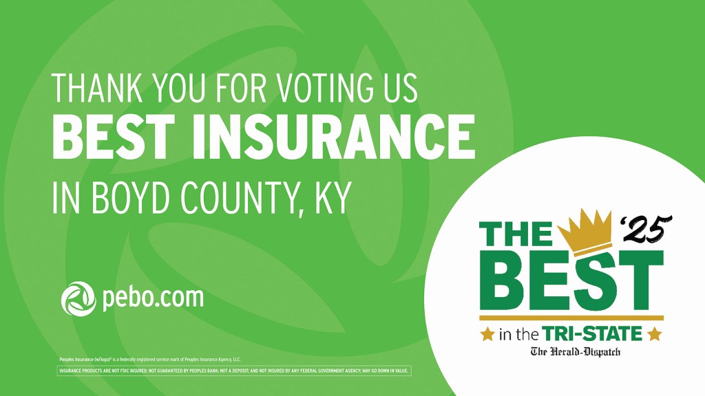 Thank you for voting us Best Insurance in Boyd County, KY. pebo.com. The Best in the Tri-State by the Herald Dispatch 2025 logo.