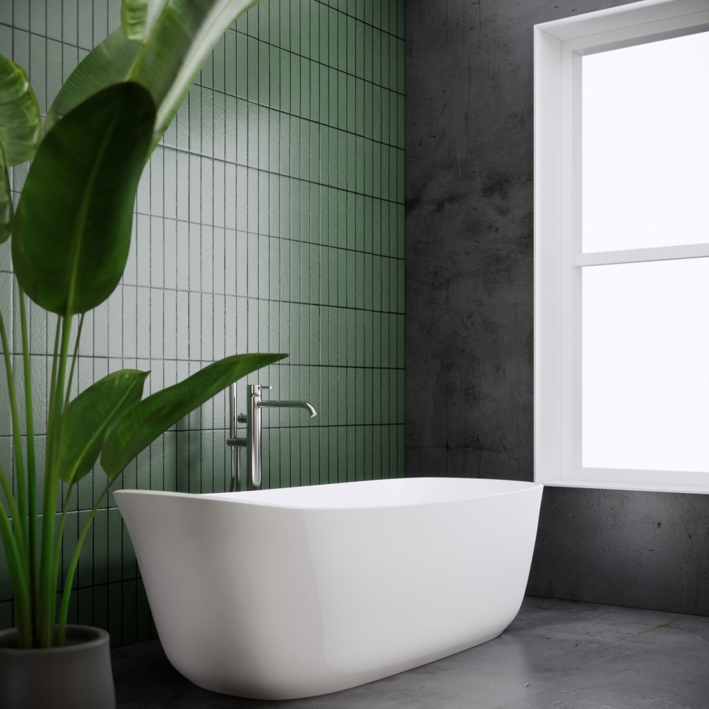 A green tiled bathroom with a tub against the left wall.