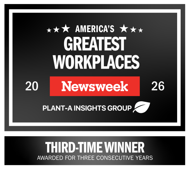 America's Greatest Workplaces Newsweek 2026 logo. Plant-A Insights Group. Third-time winner awarded for three consecutive years.