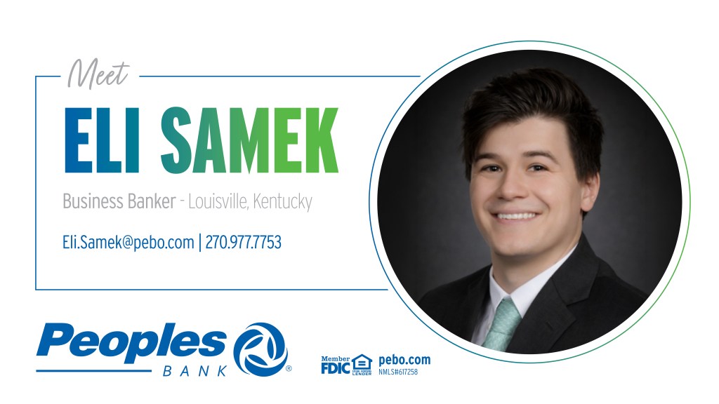 Meet Eli Samek, Business Banker, in Louisville, Kentucky. Email Eli.Samek@pebo.com. Call 270-977-7753. Peoples Bank logo. Equal Housing Lender, Member FDIC logos. NMLS# 617258