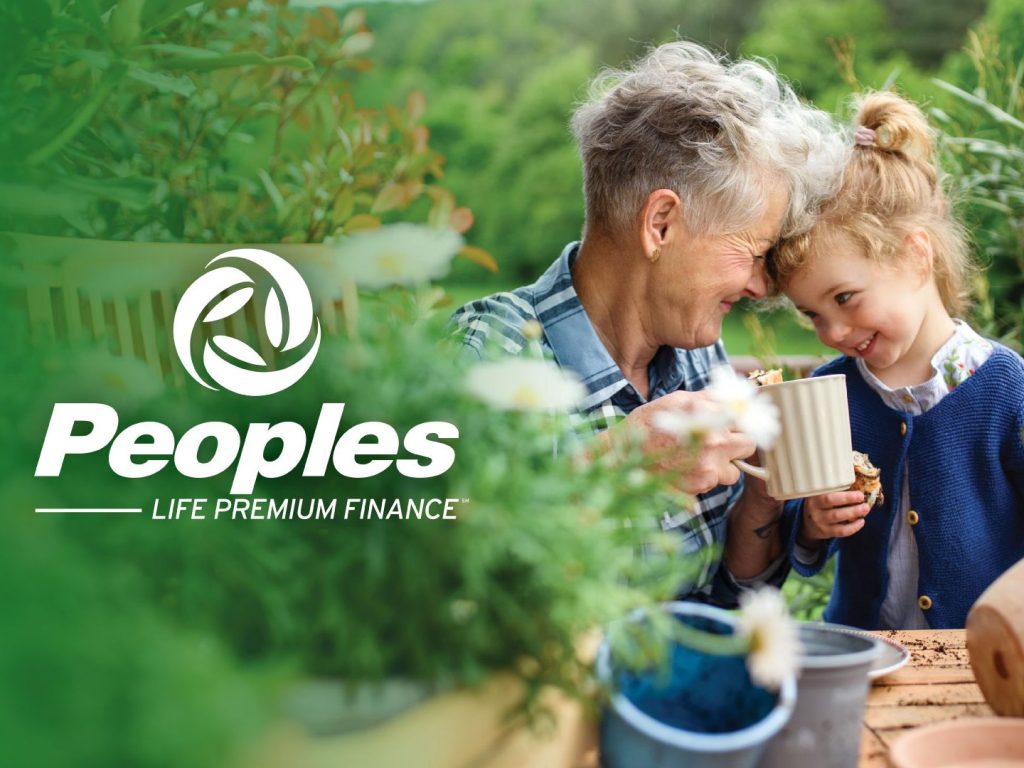 A grandmother hugs her granddaughter in a garden. Peoples Life Premium Finance logo.