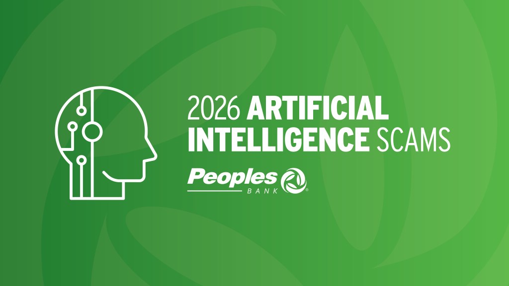 Icon of human brain. 2026 Artificial Intelligence Scams. Peoples Bank logo.