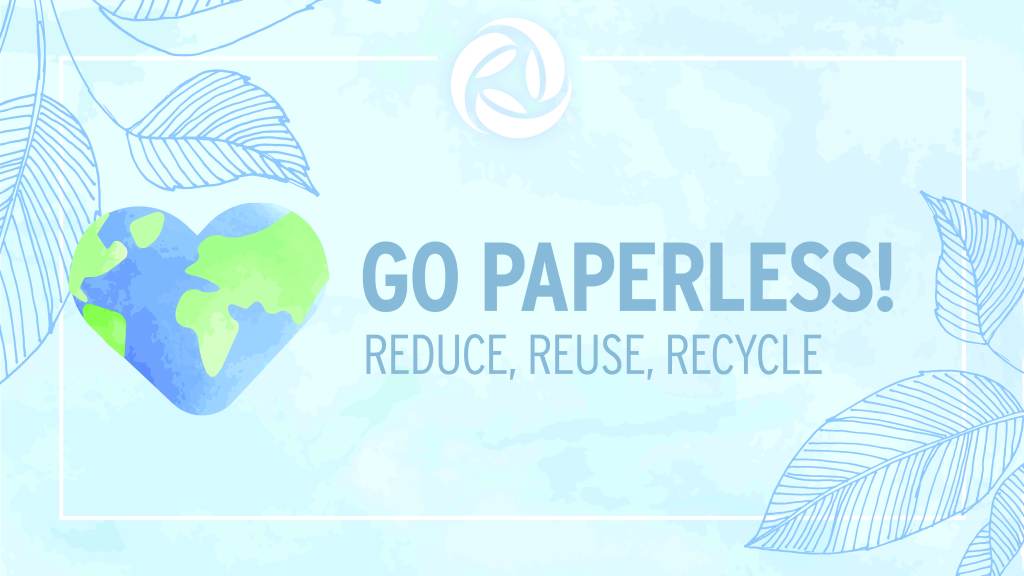 Peoples Bank icon. Rendering of Earth in a heart shape. Go Paperless! Reduce, reuse, recycle