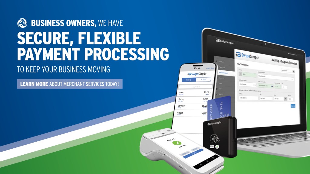 Peoples Bank Icon. Business owners, we have secure, flexible payment processing to keep your business moving. Learn more about Merchant Services today! Imagery of a laptop, smart phone, and card readers.