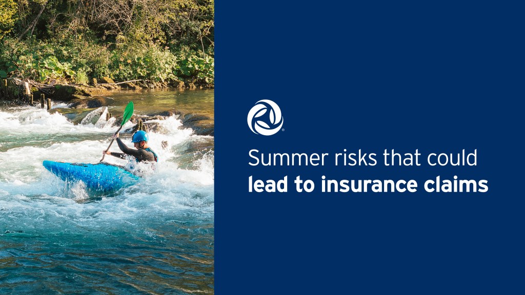 Pictured is a man white water rafting on the river. Peoples Bank icon. Text reads: Summer risks that could lead to insurance claims