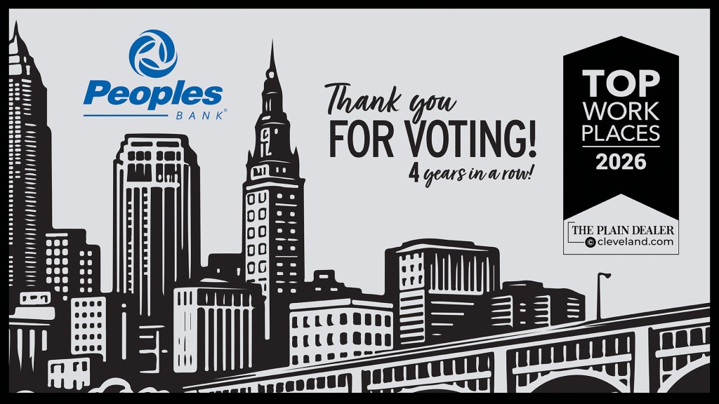 City scape background. Peoples Bank logo (left). Thank you for voting us a Top Workplace by the Plain Dealer and Cleveland.com for four years in a row!