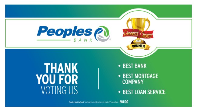 Peoples Bank and Marietta Times Readers' Choice logos. Thank you for voting Peoples Bank: Best Bank, Best Loan Service, and Best Mortgage Company.
