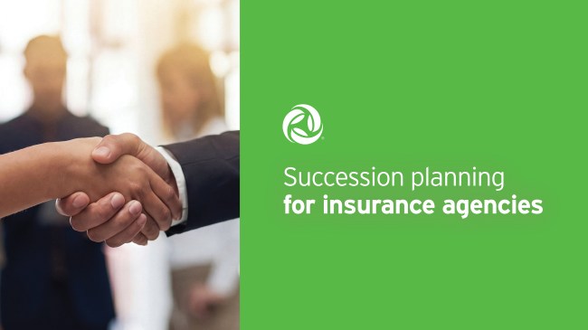 Two business people shake hands. Text reads: Succession planning for insurance agencies.