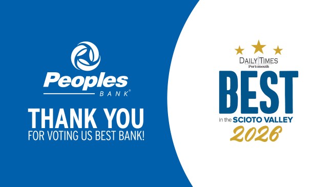 Thank you for voting us Best Bank. Peoples Bank logo. Best in the Scioto Valley 2026 logo.