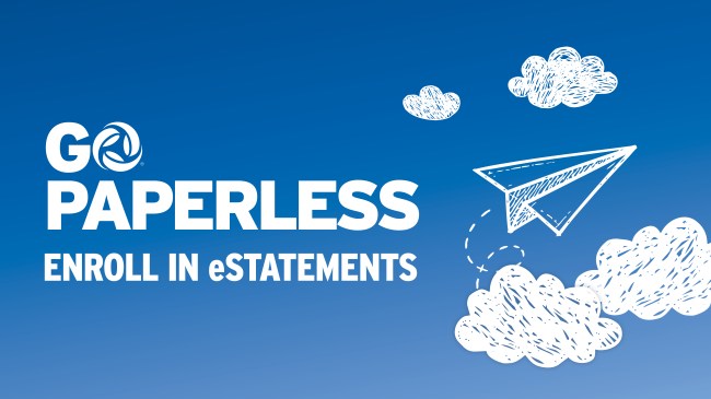 A cartoon paper airplane flying through clouds. Text reads: Go Paperless! Enroll in eStatements.