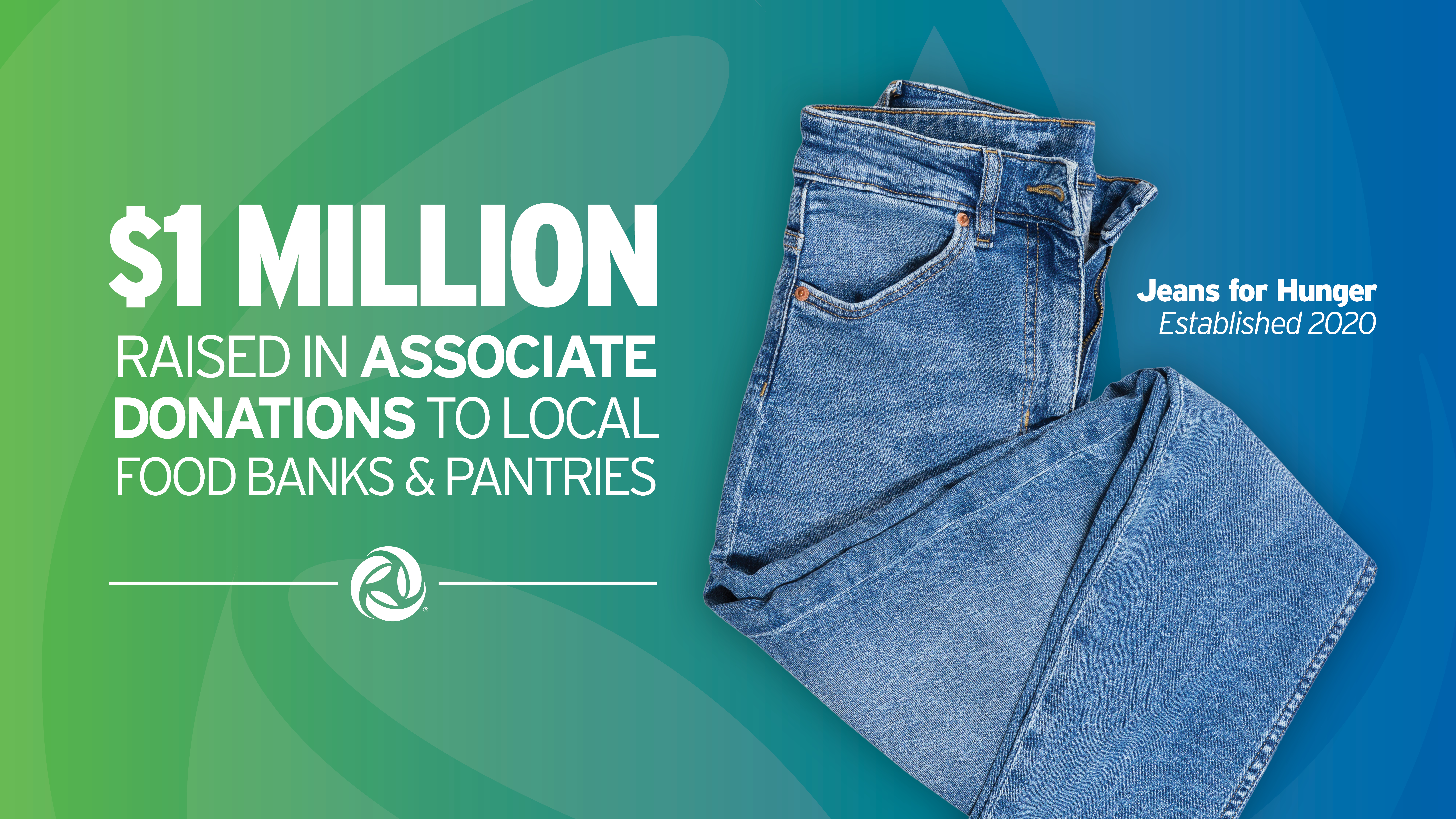 $1 Million raised in associate donations to local food banks and pantries. Imagery of a pair of jeans. Jeans for Hunger was established in 2020.
