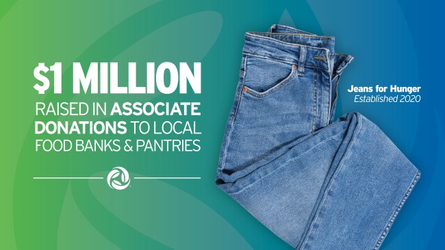 $1 Million raised in associate donations to local food banks and pantries. Imagery of a pair of jeans. Jeans for Hunger was established in 2020.
