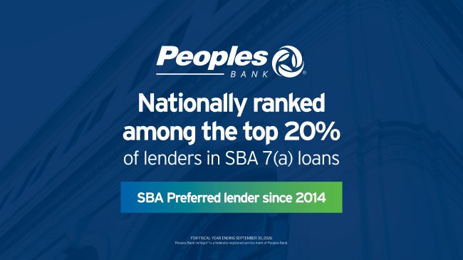 Peoples Bank is nationally ranked among the top 20% of lenders in SBA 7(a) loans. SBA Preferred lender since 2014. For fiscal year ending September 30, 2026.