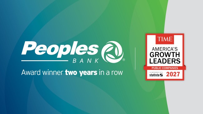 Peoples Bank (logo) Award-winner two years in a row for the TIME Magazine America's Growth Leaders 2027 (logo).